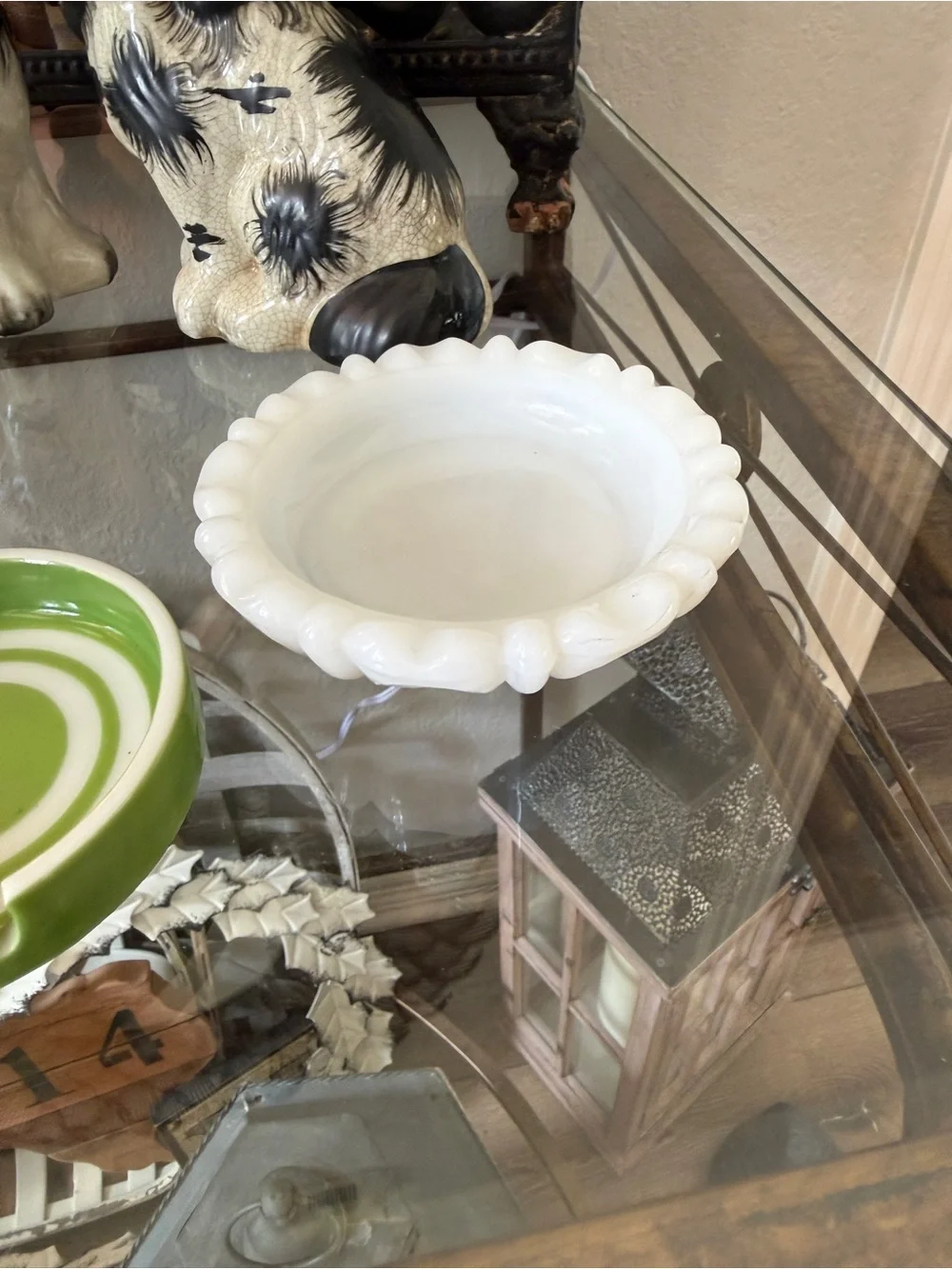Vintage Milk Glass Dish & Green Striped Ceramic Ashtray – Trinket Dish